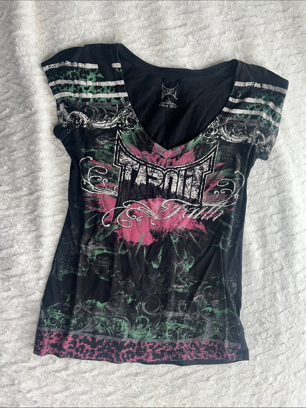 Tapout Black V-Neck Graphic Tee with Pink & Green Design